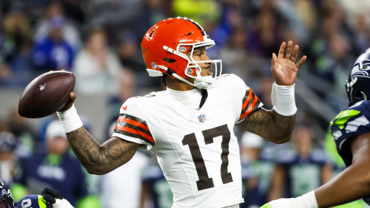 Aug 24, 2024; Seattle, Washington, USA; Cleveland Browns quarterback Dorian Thompson-Robinson (17) passes against the Seattle Seahawks during the second quarter at Lumen Field. Mandatory Credit: Joe Nicholson-USA TODAY Sports