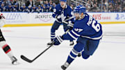 Sep 22, 2024; Toronto, Ontario, CAN;  Toronto Maple Leafs forward Max Pacioretty (67) shoots the puck against the Ottawa Senators in the third period at Scotiabank Arena. Mandatory Credit: Dan Hamilton-Imagn Images