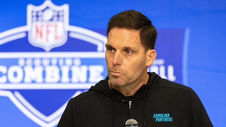 Feb 27, 2024; Indianapolis, IN, USA; Carolina Panthers President of Football Operations/General Manager Dan Morgan talks to the media at the 2024 NFL Combine at Indiana Convention Center. Mandatory Credit: Trevor Ruszkowski-USA TODAY Sports