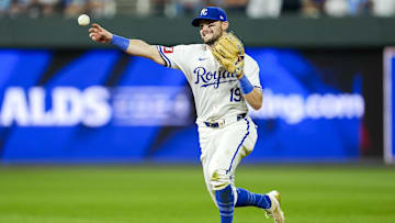 Oct 10, 2024; Kansas City, Missouri, USA; Kansas City Royals second base Michael Massey (19) throws to first base during the eighth inning against the New York Yankees in game four of the ALDS for the 2024 MLB Playoffs at Kauffman Stadium. Mandatory Credit: Jay Biggerstaff-Imagn Images