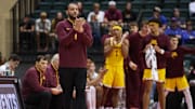 Nov 28, 2024; Orlando, Florida, USA; Minnesota Golden Gophers head coach Ben Johnson reacts after a play against the Wichita State Shockers in the second half at ESPN Wide World of Sports Complex. Mandatory Credit: Nathan Ray Seebeck-Imagn Images