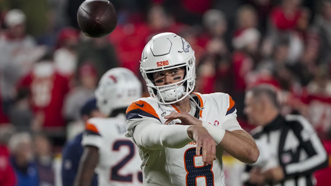 Dec 25, 2025; Kansas City, Missouri, USA; Denver Broncos quarterback Jarrett Stidham (8) warms up before the game at GEHA Field at Arrowhead Stadium. Mandatory Credit: Denny Medley-Imagn Images