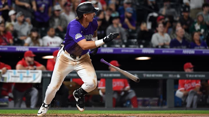 Sep 20, 2025; Denver, Colorado, USA; Colorado Rockies outfielder Jordan Beck (27) grounds into a game-ending double play against the Los Angeles Angels at Coors Field. Sep 20, 2025; Denver, Colorado, USA; Colorado Rockies outfielder Jordan Beck (27) grounds into a game-ending double play against the Los Angeles Angels at Coors Field.