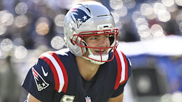 Nov 2, 2025; Foxborough, Massachusetts, USA;  New England Patriots quarterback Drake Maye (10) warms up prior to the game against the Atlanta Falcons at Gillette Stadium. Mandatory Credit: Eric Canha-Imagn Images