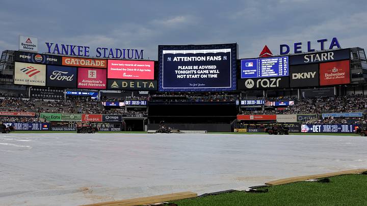 Jun 6, 2026; Bronx, New York, USA; General view of Yankee Stadium during a rain delay before the start of a game between the New York Yankees and Boston Red Sox. Mandatory Credit: Brad Penner-Imagn Images