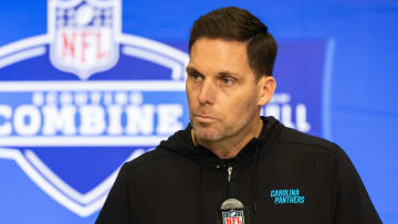 Feb 27, 2024; Indianapolis, IN, USA; Carolina Panthers President of Football Operations/General Manager Dan Morgan talks to the media at the 2024 NFL Combine at Indiana Convention Center.