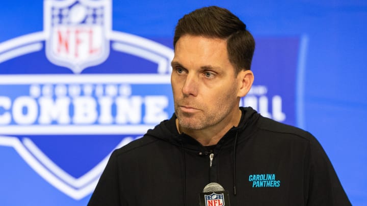 Feb 27, 2024; Indianapolis, IN, USA; Carolina Panthers President of Football Operations/General Manager Dan Morgan talks to the media at the 2024 NFL Combine at Indiana Convention Center.