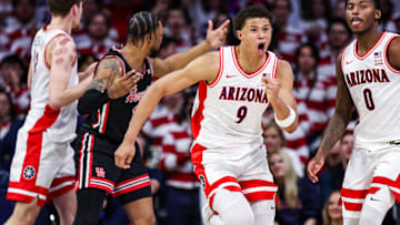 Feb 15, 2025; Tucson, Arizona, USA; Arizona Wildcats forward Carter Bryant (9) reacts after a foul was called during the second half against the Houston Cougars at McKale Center. Mandatory Credit: Aryanna Frank-Imagn Images