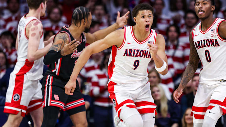 Feb 15, 2025; Tucson, Arizona, USA; Arizona Wildcats forward Carter Bryant (9) reacts after a foul was called during the second half against the Houston Cougars at McKale Center. Mandatory Credit: Aryanna Frank-Imagn Images