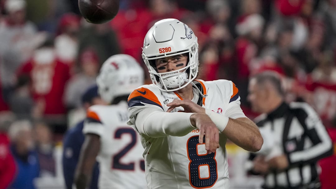 Dec 25, 2025; Kansas City, Missouri, USA; Denver Broncos quarterback Jarrett Stidham (8) warms up before the game at GEHA Field at Arrowhead Stadium. Mandatory Credit: Denny Medley-Imagn Images