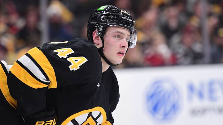 Apr 14, 2026; Boston, Massachusetts, USA; Boston Bruins forward James Hagens (44) gets set for a face-off during the second period against the New Jersey Devils at TD Garden. Mandatory Credit: Bob DeChiara-Imagn Images
