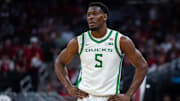Mar 13, 2025; Indianapolis, IN, USA; Oregon Ducks guard TJ Bamba (5) in the second half against the Indiana Hoosiers at Gainbridge Fieldhouse. Mandatory Credit: Trevor Ruszkowski-Imagn Images