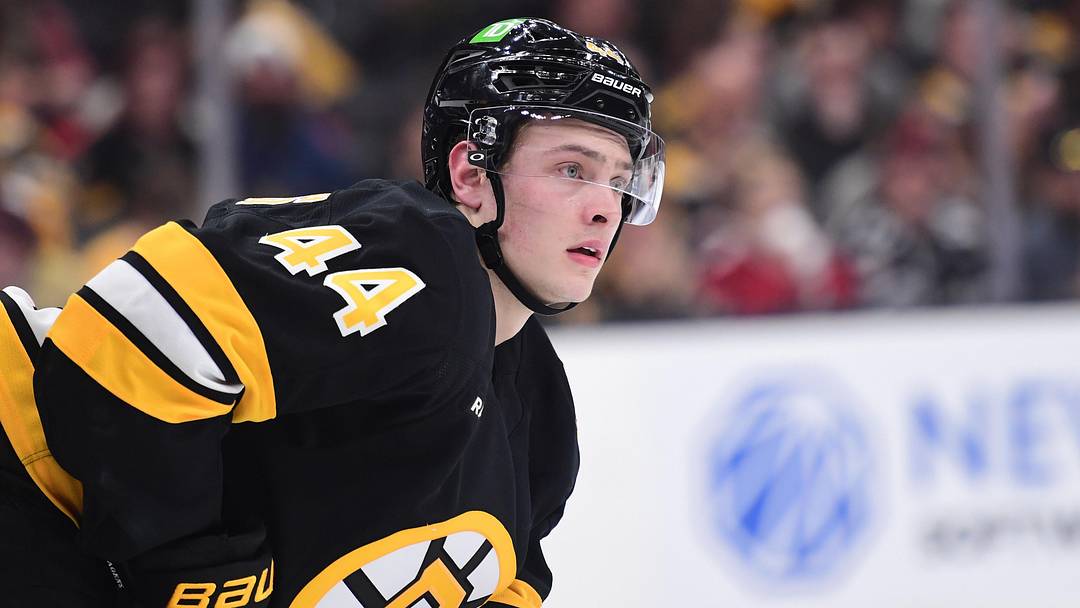 Boston Bruins forward James Hagens (44) gets set for a face-off during the second period against the New Jersey Devils at TD Garden. Mandatory Credit: Bob DeChiara-Imagn Images