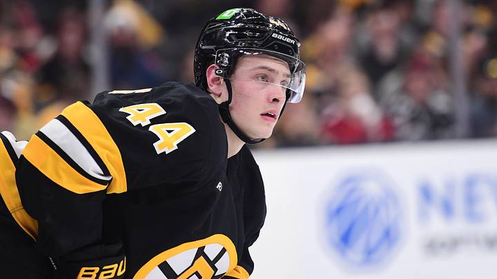 Boston Bruins forward James Hagens (44) gets set for a face-off during the second period against the New Jersey Devils at TD Garden. Mandatory Credit: Bob DeChiara-Imagn Images
