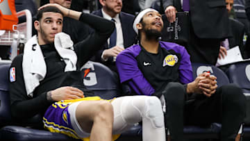 Jan 6, 2019; Minneapolis, MN, USA; Los Angeles Lakers guard Lonzo Ball (2) and forward Brandon Ingram (14) look on during the fourth quarter against the Minnesota Timberwolves at Target Center. Mandatory Credit: Brace Hemmelgarn-Imagn Images