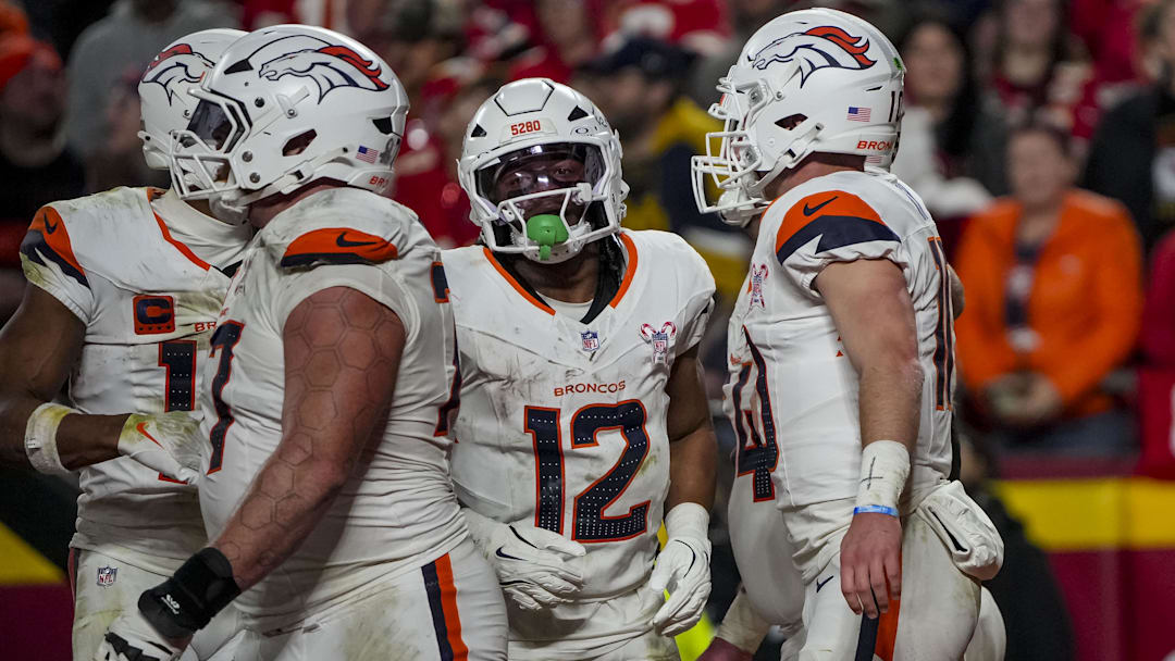 Dec 25, 2025; Kansas City, Missouri, USA; Denver Broncos quarterback Bo Nix (10) celebrates after scoring during the third quarter at GEHA Field at Arrowhead Stadium. Dec 25, 2025; Kansas City, Missouri, USA; Denver Broncos quarterback Bo Nix (10) celebrates after scoring during the third quarter at GEHA Field at Arrowhead Stadium.