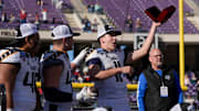 Navy Midshipmen quarterback Blake Horvath (11) celebrates after the Armed Forces Bowl football game between the University of Oklahoma Sooners (OU) and the Navy Midshipmen at Amon G. Carter Stadium in Fort Worth, Texas, Friday, Dec. 27, 2024. Navy won 21-20.