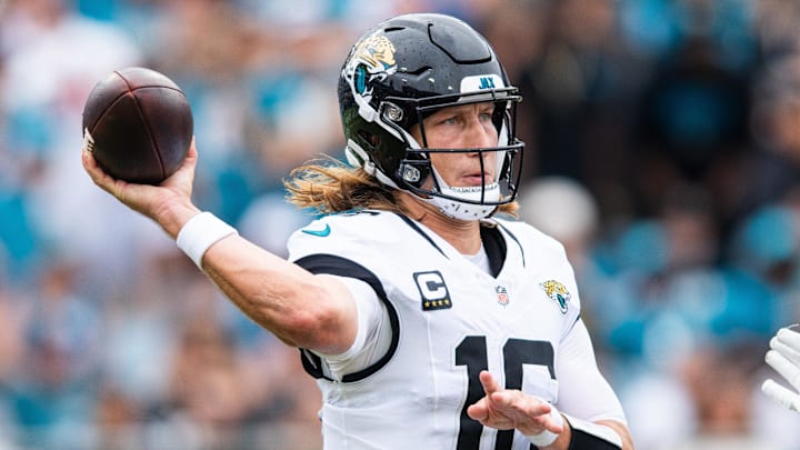 Jacksonville Jaguars quarterback Trevor Lawrence throws a pass.