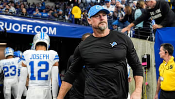 Detroit Lions head coach Dan Campbell takes the field for warmup before the game between Indianapolis Colts and Detroit Lions at Lucas Oil Stadium on Sunday, Nov. 24, 2024.