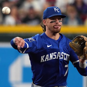 Jul 6, 2025; Phoenix, Arizona, USA; Kansas City Royals shortstop Bobby Witt Jr. (7) makes the play for an out against the Arizona Diamondbacks in the fourth inning at Chase Field. Mandatory Credit: Rick Scuteri-Imagn Images