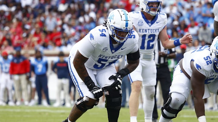 Sep 28, 2024; Oxford, Mississippi, USA; Kentucky Wildcats offensive lineman Gerald Mincey (54) waits for the snap during the first half against the Mississippi Rebels at Vaught-Hemingway Stadium. Mandatory Credit: Petre Thomas-Imagn Images