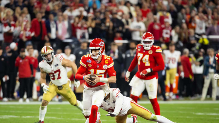 Feb 11, 2024; Paradise, Nevada, USA; Kansas City Chiefs quarterback Patrick Mahomes (15) runs the ball against the San Francisco 49ers during Super Bowl LVIII at Allegiant Stadium. Mandatory Credit: Mark J. Rebilas-USA TODAY Sports