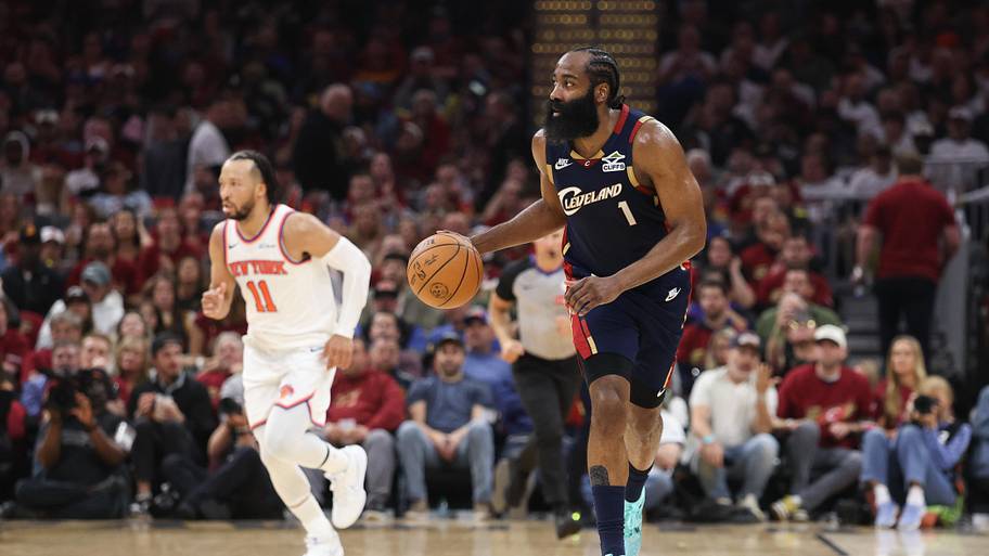 Cleveland Cavaliers guard James Harden drives the ball up court in the second quarter against the New York Knicks.