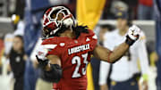 Nov 8, 2025; Louisville, Kentucky, USA;  Louisville Cardinals defensive lineman Wesley Bailey (23) reacts after sacking California Golden Bears quarterback Jaron-Keawe Sagapolutele (3) during the second half at L&N Federal Credit Union Stadium. California defeated Louisville 29-26. Mandatory Credit: Jamie Rhodes-Imagn Images