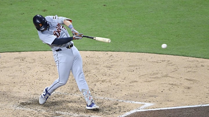 Sep 5, 2024; San Diego, California, USA; Detroit Tigers first baseman Spencer Torkelson (20) hits a single during the seventh inning against the San Diego Padres at Petco Park.