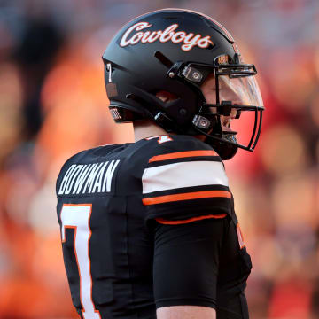 Oklahoma State's Alan Bowman (7) is pictured in the second half during a Bedlam college football game between the Oklahoma State University Cowboys (OSU) and the University of Oklahoma Sooners (OU) at Boone Pickens Stadium in Stillwater, Okla., Saturday, Nov. 4, 2023.