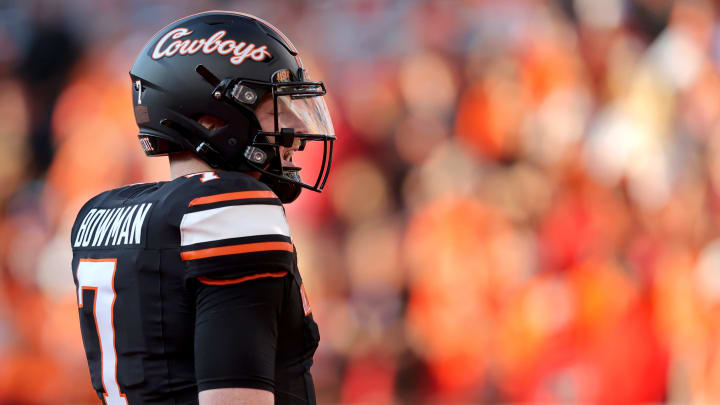 Oklahoma State's Alan Bowman (7) is pictured in the second half during a Bedlam college football game between the Oklahoma State University Cowboys (OSU) and the University of Oklahoma Sooners (OU) at Boone Pickens Stadium in Stillwater, Okla., Saturday, Nov. 4, 2023.