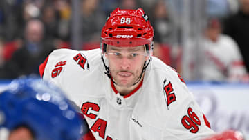 Feb 22, 2025; Toronto, Ontario, CAN;  Carolina Hurricanes forward Mikko Rantanen (96) prepares for a face-off against the Toronto Maple Leafs in the second period at Scotiabank Arena. Mandatory Credit: Dan Hamilton-Imagn Images