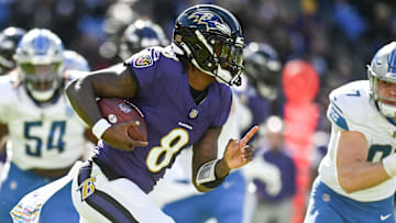 Oct 22, 2023; Baltimore, Maryland, USA; Baltimore Ravens quarterback Lamar Jackson (8) rushes during