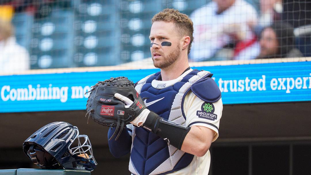 Apr 30, 2026; Minneapolis, Minnesota, USA; Minnesota Twins catcher Ryan Jeffers (27) prepares to take the field before the game between the Minnesota Twins and Toronto Blue Jays at Target Field. Mandatory Credit: Matt Blewett-Imagn Images