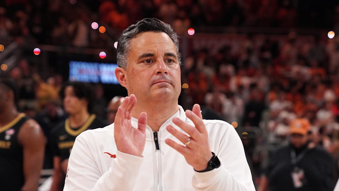 Jan 14, 2026; Austin, Texas, USA; Texas Longhorns head coach Sean Miller celebrates a win against the Vanderbilt Commodores during the second half at Moody Center. Mandatory Credit: Dustin Safranek-Imagn Images