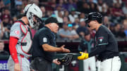 May 13, 2024; Phoenix, Arizona, USA; Arizona Diamondbacks designated hitter Joc Pederson (3) argues ejection with umpire Mark Carlson