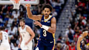 Oct 24, 2025; New Orleans, Louisiana, USA;  New Orleans Pelicans guard Jordan Poole (3) reacts to making a three point basket against the San Antonio Spurs during the first half at Smoothie King Center. Mandatory Credit: Stephen Lew-Imagn Images