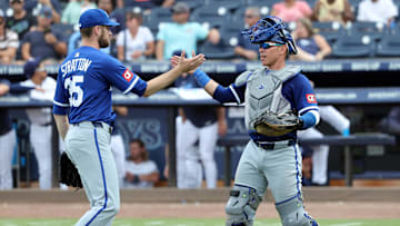 May 1, 2025; St. Petersburg, Florida, USA; Kansas City Royals pitcher Chris Stratton (35) and catcher Freddy Fermin (34) celebrate after they beat the Tampa Bay Rays  at George M. Steinbrenner Field. Mandatory Credit: Kim Klement Neitzel-Imagn Images