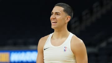 Jul 5, 2022; San Francisco, CA, USA; Los Angeles Lakers forward Cole Swider (21) reacts before a game against the Sacramento Kings at the California Summer League at Chase Center. Mandatory Credit: Darren Yamashita-USA TODAY Sports