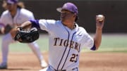 May 31, 2024; Chapel Hill, NC, USA; LSU pitcher Gage Jump (23) pitches against the Wofford Terriers during the NCAA Regional in Chapel Hill. Mandatory Credit: Jim Dedmon-USA TODAY Sports