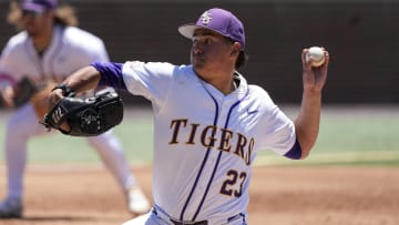 May 31, 2024; Chapel Hill, NC, USA; LSU pitcher Gage Jump (23) pitches against the Wofford Terriers during the NCAA Regional in Chapel Hill. Mandatory Credit: Jim Dedmon-USA TODAY Sports