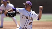 May 31, 2024; Chapel Hill, NC, USA; LSU pitcher Gage Jump (23) pitches against the Wofford Terriers during the NCAA Regional in Chapel Hill. Mandatory Credit: Jim Dedmon-Imagn Images