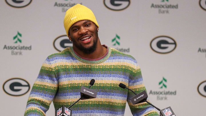Green Bay Packers edge rusher Micah Parsons speaks during an introductory press conference 