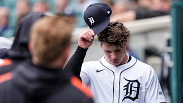 Detroit Tigers pitcher Jackson Jobe walks into the dugout after a pitching change during the fifth inning against the San Francisco Giants at Comerica Park in Detroit on Wednesday, May 28, 2025.