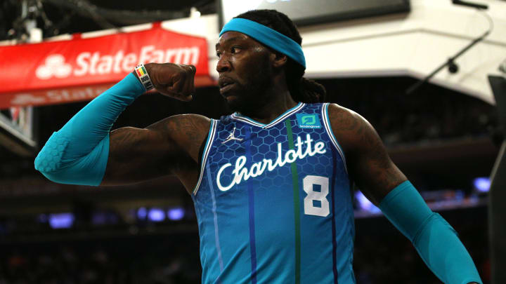 Mar 30, 2022; New York, New York, USA; Charlotte Hornets center Montrezl Harrell (8) reacts after a dunk and a foul against the New York Knicks during the second quarter at Madison Square Garden. Mandatory Credit: Brad Penner-USA TODAY Sports