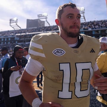 Oct 25, 2025; Atlanta, Georgia, USA; Georgia Tech Yellow Jackets quarterback Haynes King (10) celebrates after a victory over the Syracuse Orange at Bobby Dodd Stadium at Hyundai Field. Mandatory Credit: Brett Davis-Imagn Images