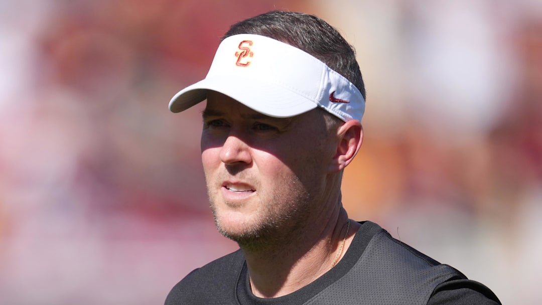 Aug 30, 2025; Los Angeles, California, USA; Southern California Trojans head coach Lincoln Riley reacts during the game against the Missouri State Bears at United Airlines Field at Los Angeles Memorial Coliseum. Mandatory Credit: Kirby Lee-Imagn Images