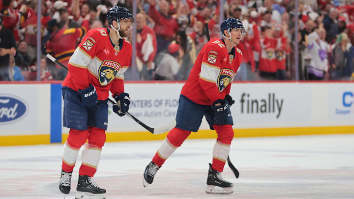 Florida Panthers left wing Tomas Nosek (92) looks on after scoring against the Toronto Maple Leafs during the second period in game three of the second round of the 2025 Stanley Cup Playoffs at Amerant Bank Arena. Credit: Sam Navarro-Imagn Images