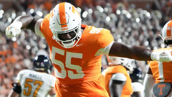 Tennessee defensive lineman Omarr Norman-Lott (55) celebrating after a play during the NCAA college football game against Kent State on Saturday, Sept. 14, 2024 in Knoxville, Tenn. Tennessee defensive lineman Omarr Norman-Lott (55) celebrating after a play during the NCAA college football game against Kent State on Saturday, Sept. 14, 2024 in Knoxville, Tenn.