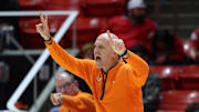 Jan 11, 2025; Salt Lake City, Utah, USA; Oklahoma State Cowboys head coach Steve Lutz calls a play against the Utah Utes during the first half at Jon M. Huntsman Center. Mandatory Credit: Rob Gray-Imagn Images